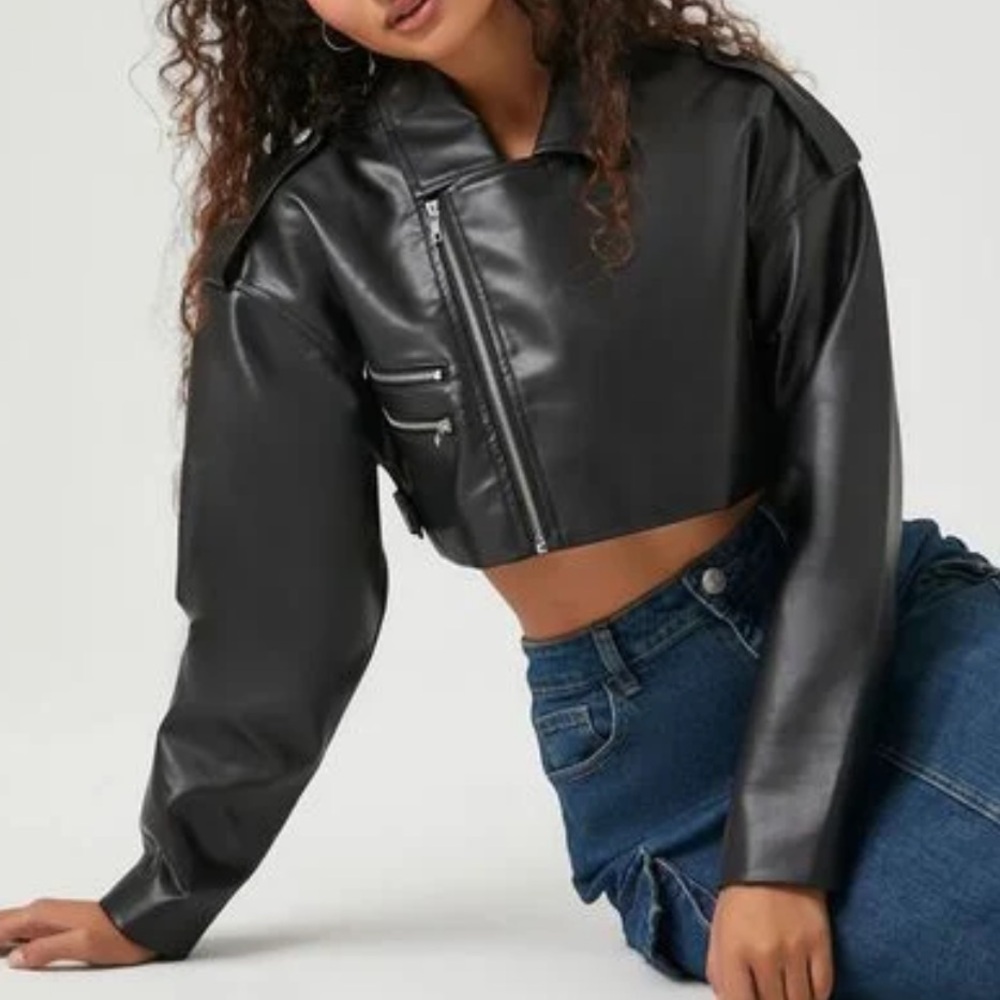 Forever 21 Faux Leather Cropped Moto Jacket - Size M